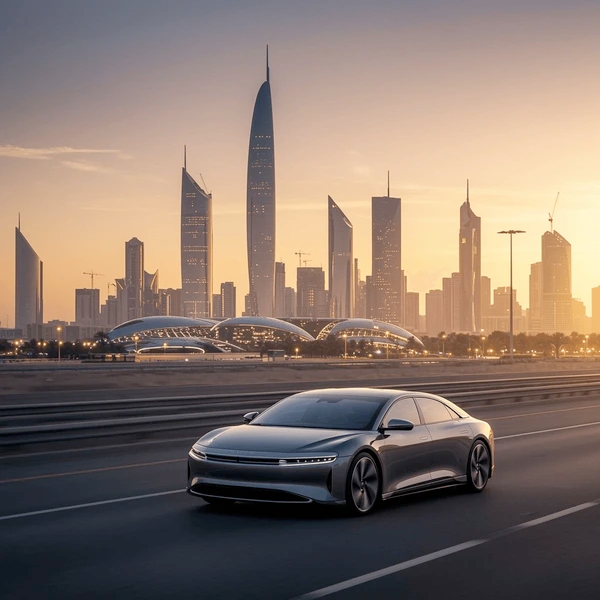 A sleek modern car driving under a clear blue sky, symbolizing reliable insurance